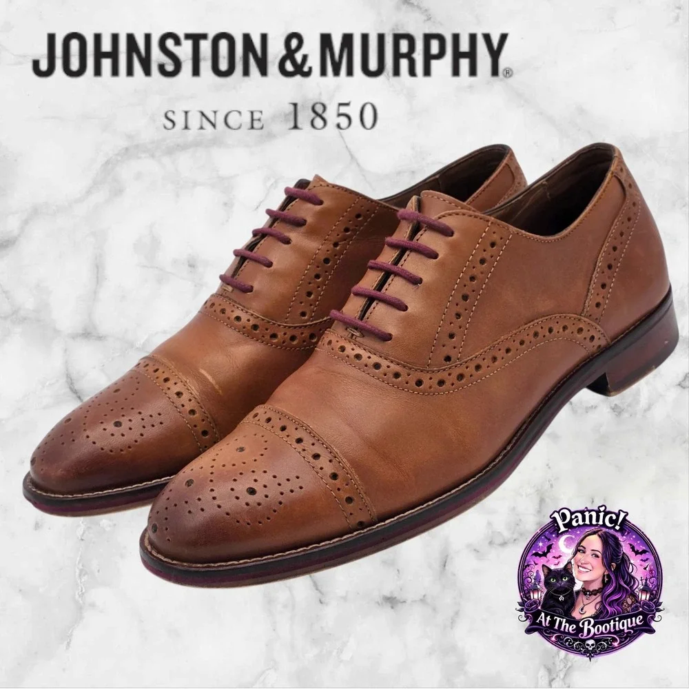 Johnston & Murphy Conard Oxford Mens 8 Tan Leather Brogue Cap Toe Dress Shoes